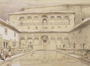 ジェームズダフィールドハーディング（1798-1863）、1835年に刻まれた「アルハンブラのスケッチと絵」からのマートル（パティオデロスアラヤネス）とチャールズ5世の宮廷 作： John Frederick Lewis